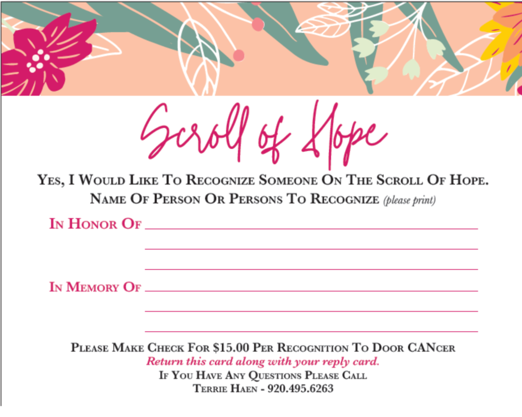 Scroll of Hope. Recognize someone on the scroll of Hope. Name of Person to recognize. Please make check for $15 per recognition.